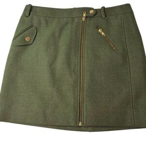 J.Crew Wool Olive Green Mini Skirt Size 4 | Gold Zipper Detail | Preowned